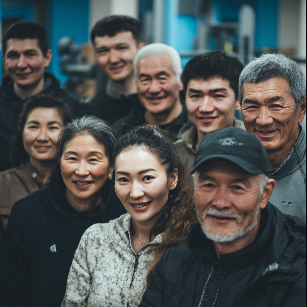 Smiling Kazakh adults of different ages participating in outdoor fitness activities in a park setting