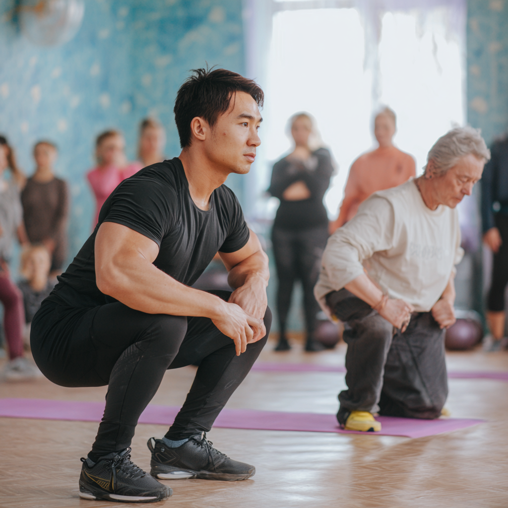 Peaceful Kazakh adults in their 40s and 50s practicing evening relaxation routine in a serene bedroom setting